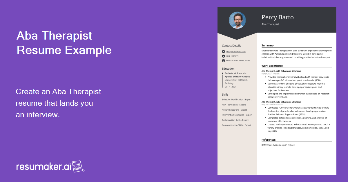 Aba Therapist Resume Example for 2024