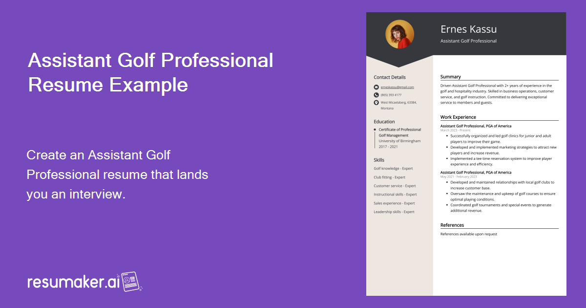 Assistant Golf Professional Resume Example for 2024