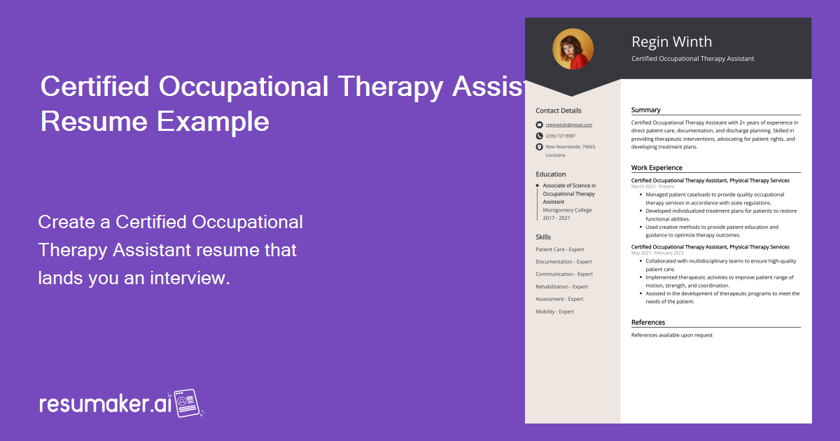 Certified Occupational Therapy Assistant Resume Example for 2024