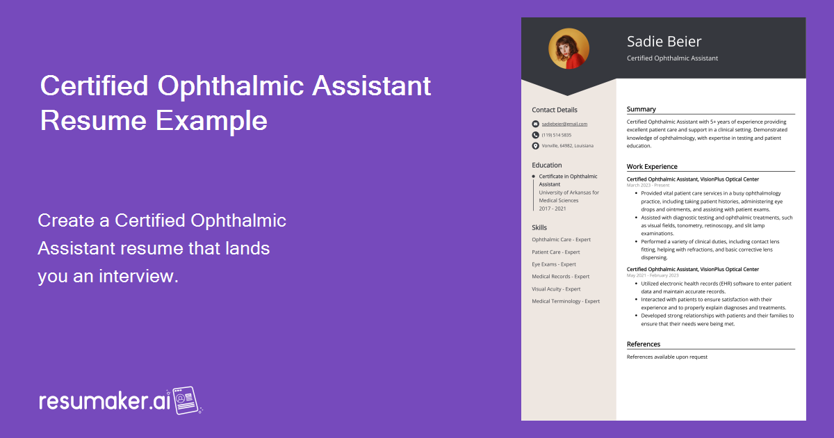 Certified Ophthalmic Assistant Resume Example for 2024