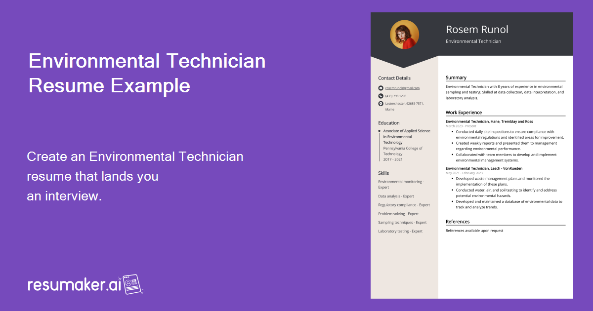 Environmental Technician Resume Example for 2024