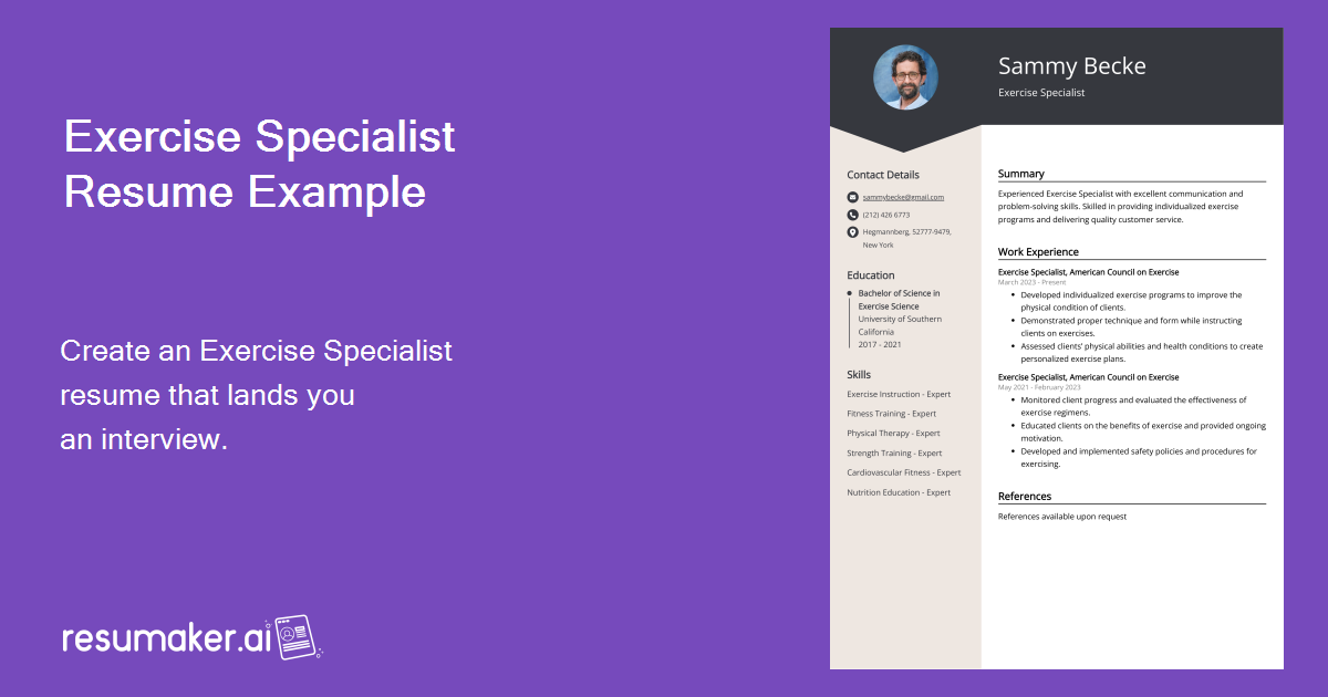 Exercise Specialist Resume Example for 2024