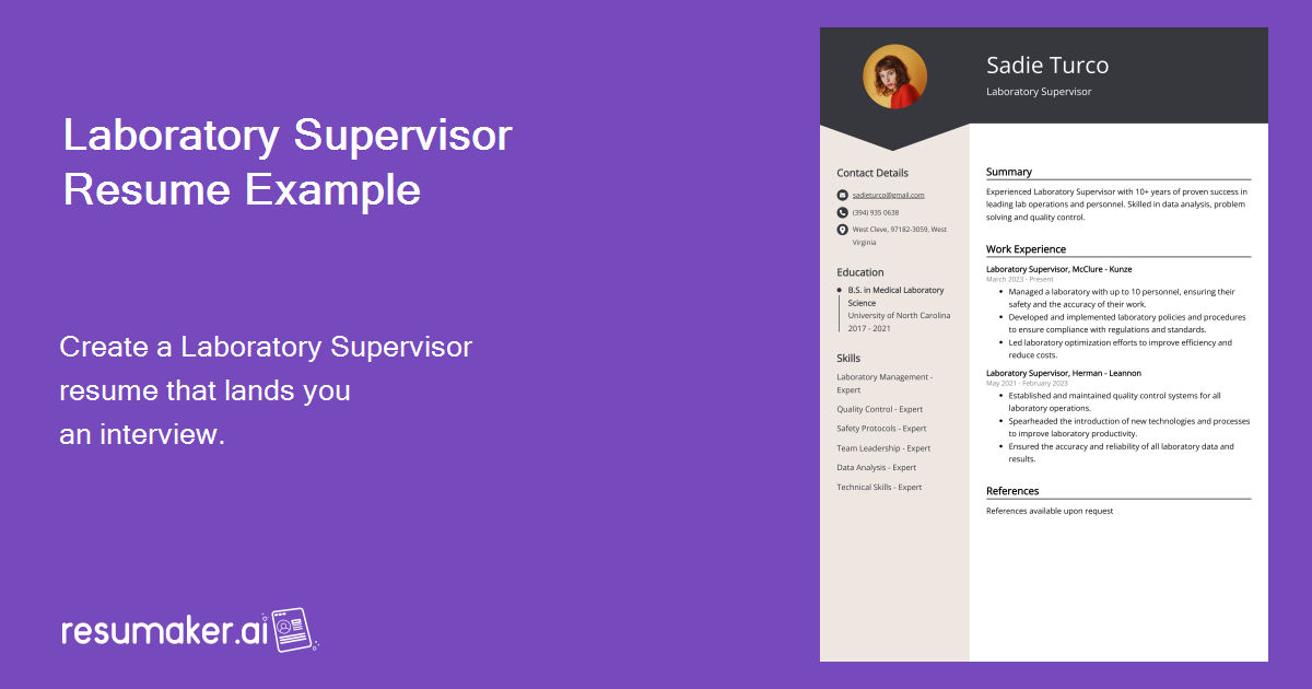 Laboratory Supervisor Resume Job Description, Sample & Guide