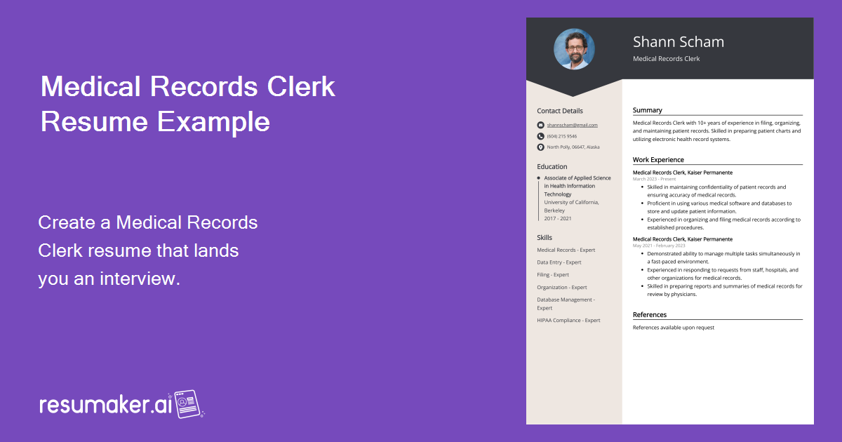 Medical Records Clerk Resume Job Description Sample Guide