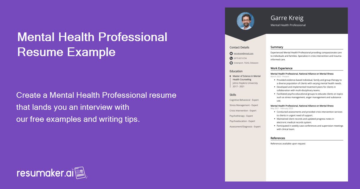 Mental Health Professional Resume Job Description Sample Guide