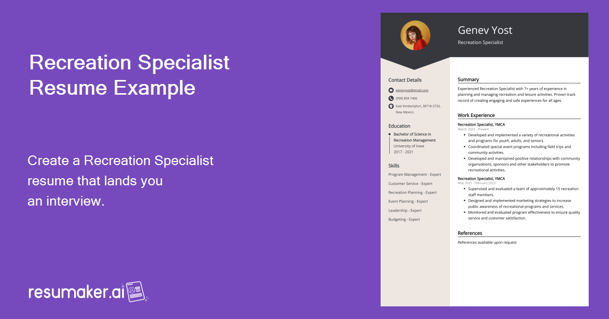 Recreation Specialist Resume Examples (Template & 20+ Tips)