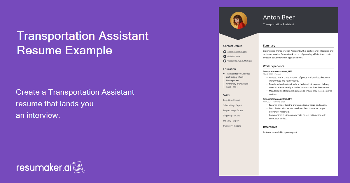 Transportation Assistant Resume Examples (Template & 20+ Tips)